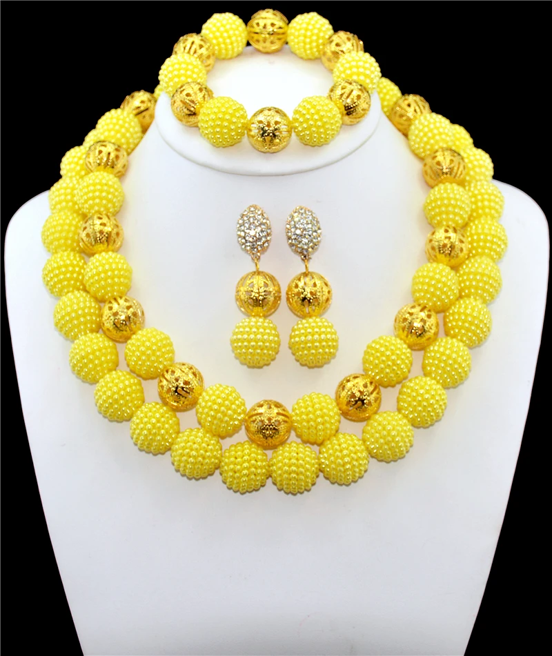 

Nigerian Wedding African Beads Jewelry Set Yellow Costume Jewelry Sets Imitation Pearl Balls Beads Necklace Sets Free Shipping