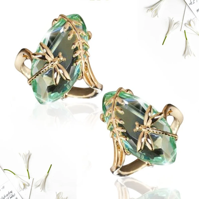 Ретро зеленый камень цвета золота кольцо со стрекозой для женщин девушки юбилей подарок на день рождения Винтажные Ювелирные изделия блестящие кольца