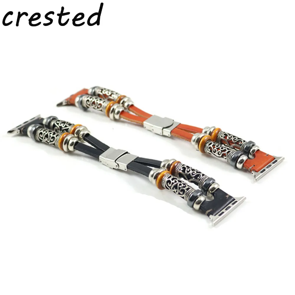 

CRESTED 2018 new Genuine Leather strap band for apple watch Edition 3 42mm 38mm 100% Handmade Beads Bracelets for iwatch 3/2/1