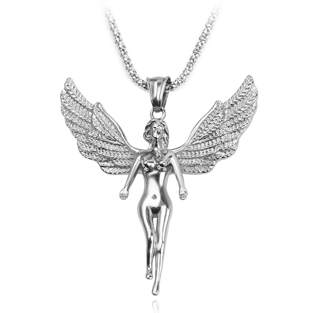 

Vintage silver metal long chain necklaces pendants literary nude female angel wings hug necklace for women fashion jewelry gifts