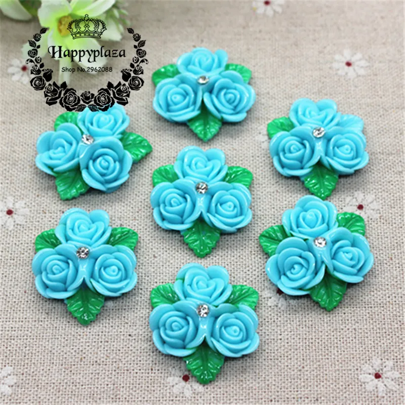 

10pcs Kawaii Resin Blue Flower with Crystal Rhinestone Flatback Cabochon DIY Craft,30mm
