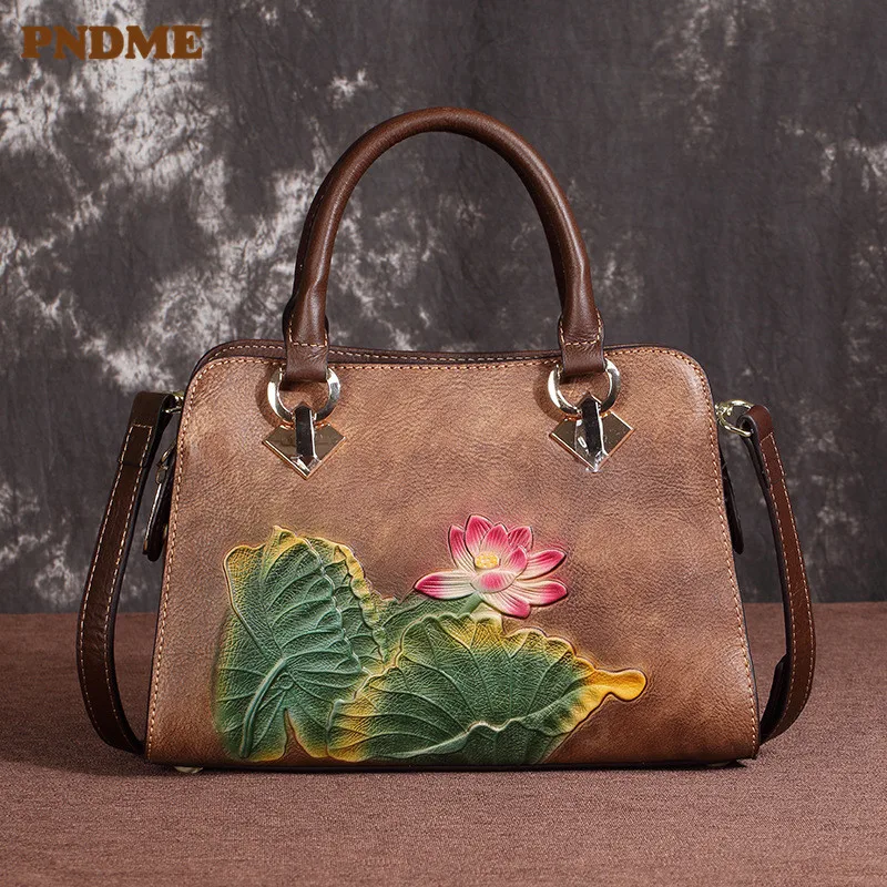 

PNDME fashion vintage designer handmade embossed genuine leather ladies shoulder crossbody bags cowhide flower women's handbag
