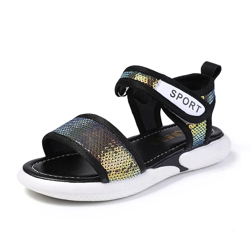 

COZULMA Kids Soft Sole Glitter Beach Sandals 2019 Summer Non-slip Girls Sequined Cloth Princess Strip Sandals Shoes Size 26-36