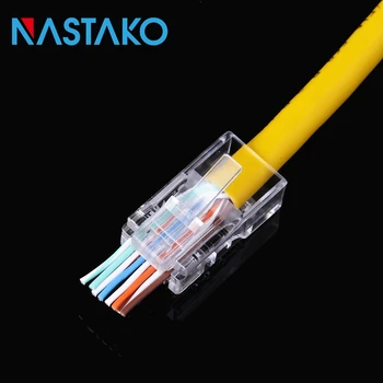 

NASTAKO 50/100pcs EZ rj45 Cat5 connector cat5e network connectors 8Pin unshielded modular rj45 plugs utp Cable have hole Pass
