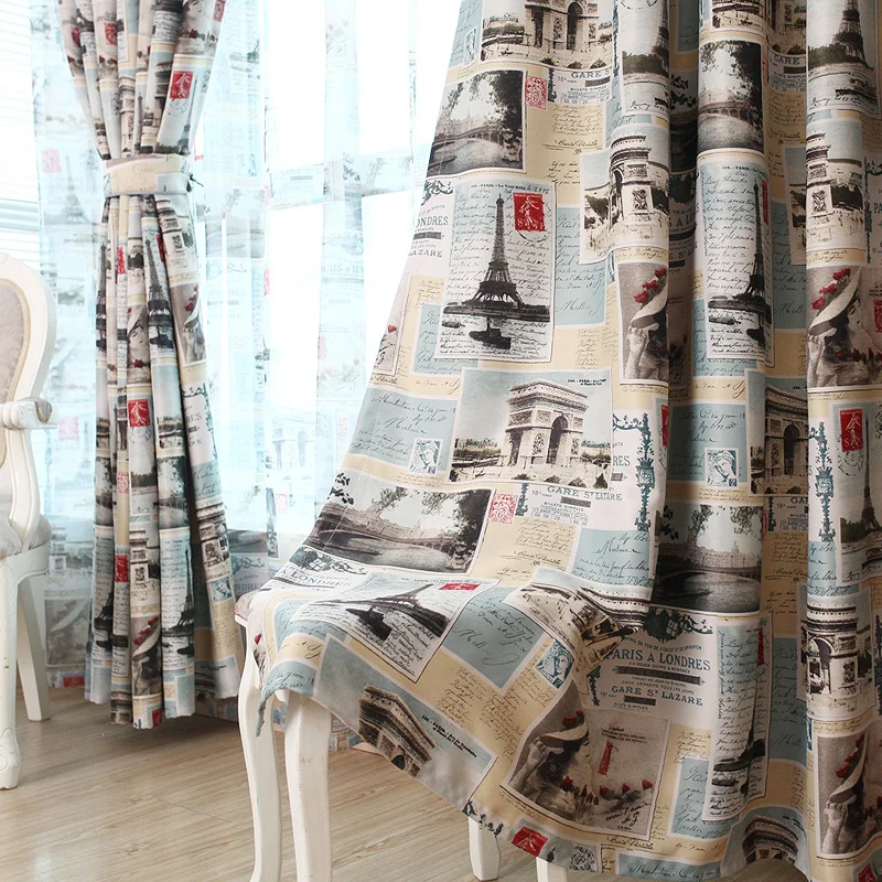 

2018 New Curtains for Dining Living Bedroom Room Boys Study European Pastoral Tower Newspaper Attractions Shading Cloth