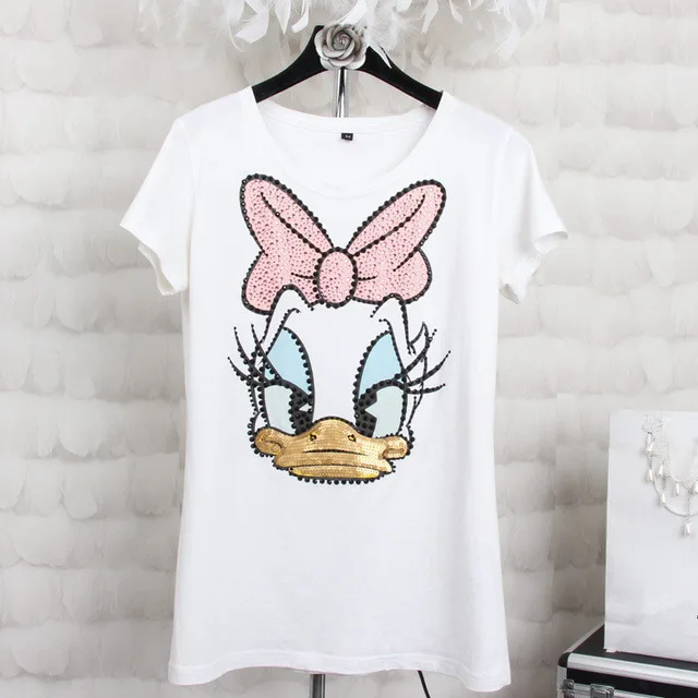 Plus size 4XL Women Summer Short Sleeve Sequined Donald Duck Print T shirts Fashion White Top Tees Women girls Designer Clothing