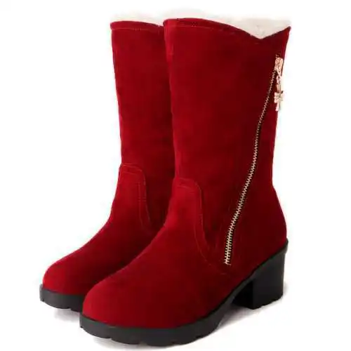 

Round Toe Half Knee High Boots With Metal Charm Plus Size 34-43 Fashion Female Fur Winter Boots Med Thick Heels Snow Shoes Lady