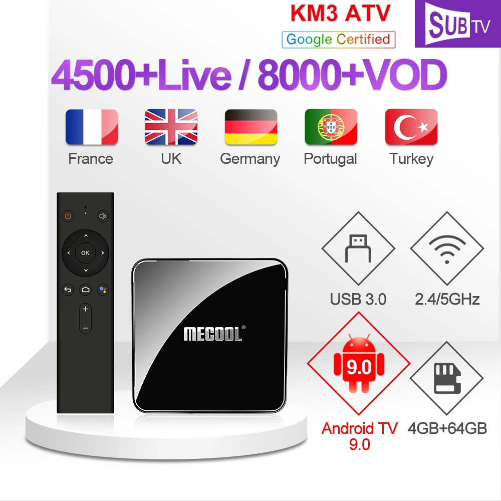 

IPTV France Italy KM3 ATV Box IPTV Portuguese Italian Spanish SUBTV Android 9.0 Box 4K Full HD French IPTV Arabic Danish IP TV