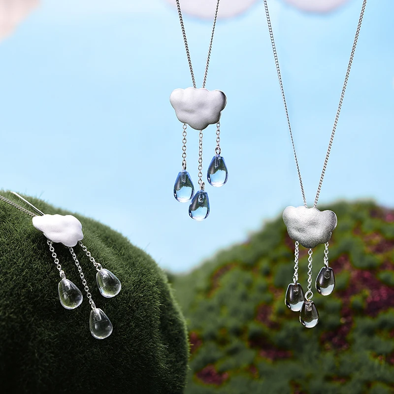 Lotus Fun Genuine 925 Sterling Silver Pendants for Women Tassel Cloud Rain Drop Crystal Silver Pendant without Necklace Jewelry