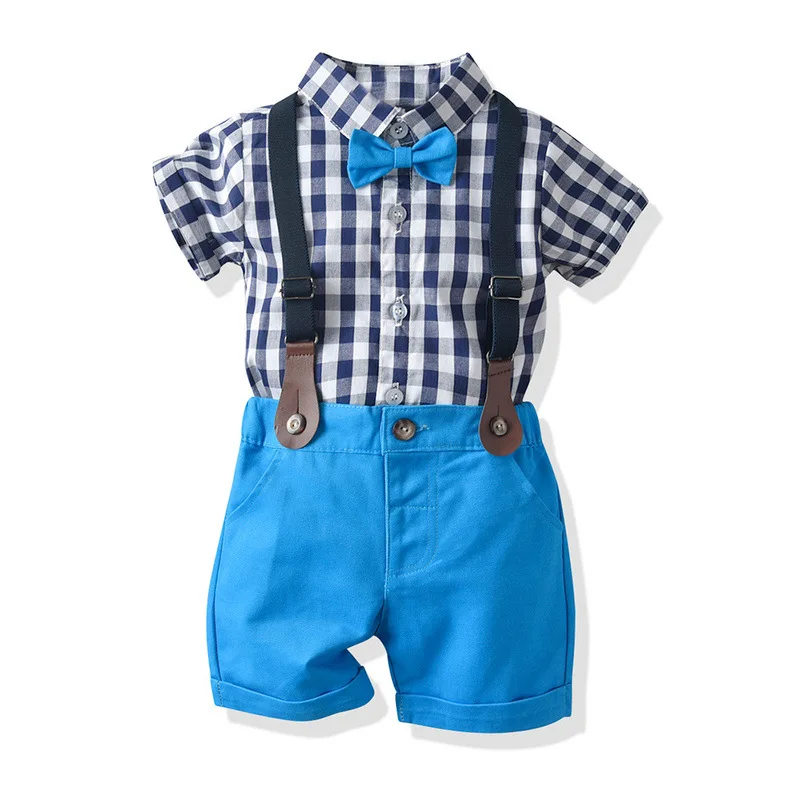 R& Z/ г. Комплект для мальчиков, новая летняя рубашка в клетку с галстуком-бабочкой в европейском и американском стиле шорты на подтяжках Детский Комплект из трех предметов