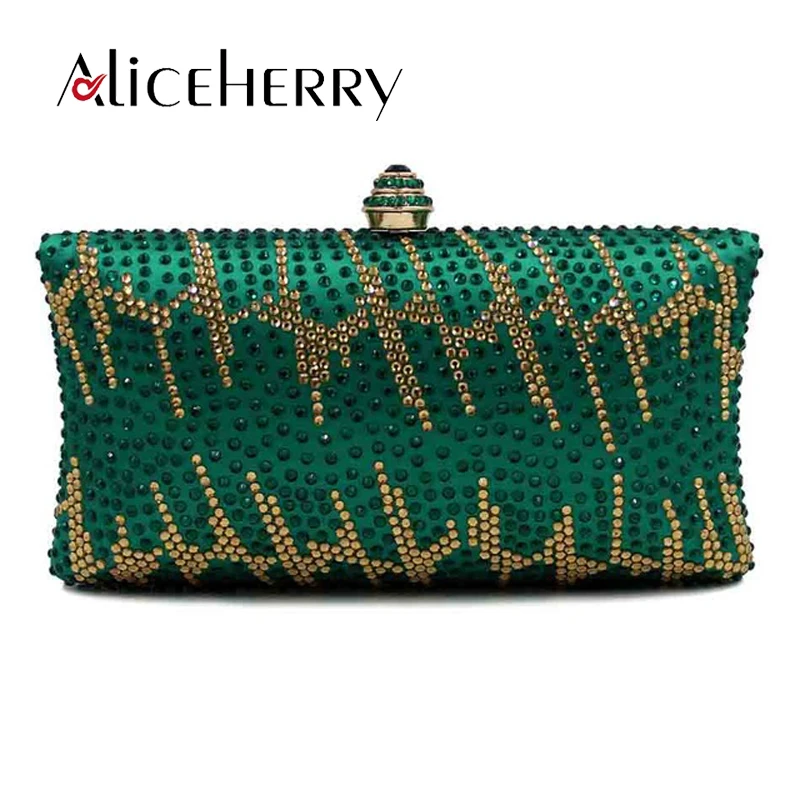 

Vintage Green Crystal Evening Party Luxury Designer Box Clutches Women Handbag Purse Bridal Wedding Chain Prom Shoulder Bag