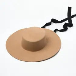 01906-HH8142 осень зима плоский джаз шляпа шерсть длинная черная лента Шляпа Fedora для мужчин женщин досуг Панама шляпа