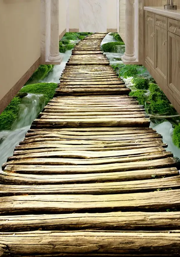 

3d floors corridor wooden bridge floor murals 3d waterproof PVC self-adhesive wallpaper floor