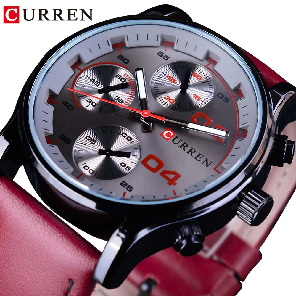 

CURREN Red Genuine Leather Fashion Racing Men Sport Wrist Watch Top Brand Luxury Quartz Military Creative Waterproof Male Clock