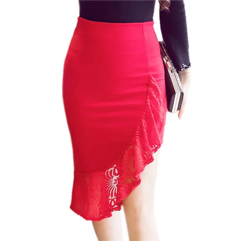 

S-5XL Women High Waist Skirts 2019 Summer Lace Patchwork Sexy Skirts Formal Slim Red Office Lady Work Wear Black Skirt Plus Size