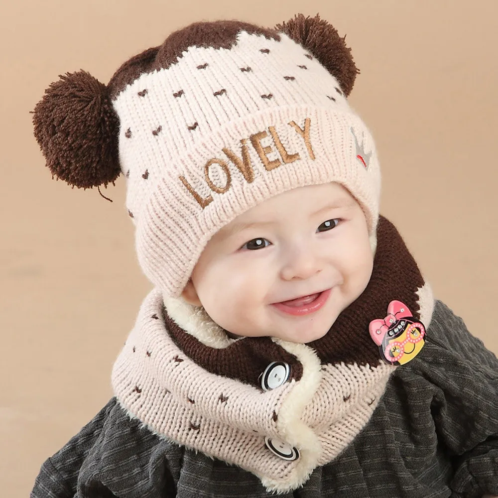 

1 Set Winter Autumn Crochet Baby Hat Kids Letter "LOVELY" Crown Hat+Scarf 2Pcs Child Knitting Warm Hats Cap keep warm outdoor