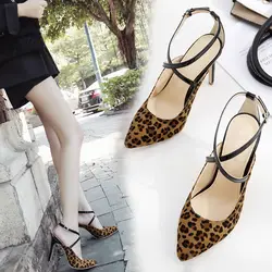 Весна 2019 г. новый стиль, женская обувь, Леопардовый принт, на высоком каблуке, легкий рот, тонкий-сандалии в римском стиле на каблуке