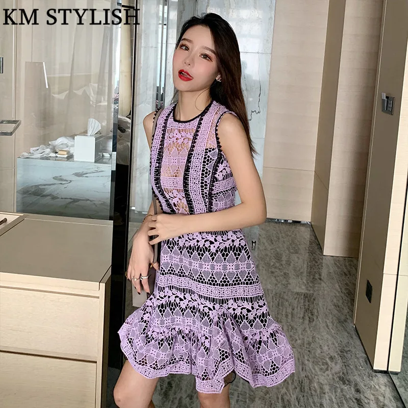 

2019 Early Spring New High-end ThreeF Temperament Ladies Purple Stitching Lace Cutout Sleeveless O-neck Mini One-piece Dress