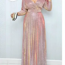 Женское платье макси, элегантные вечерние плиссированные праздничные платья с v-образным вырезом и поясом на талии, стильная женская одежда, блестящая популярная африканская туника