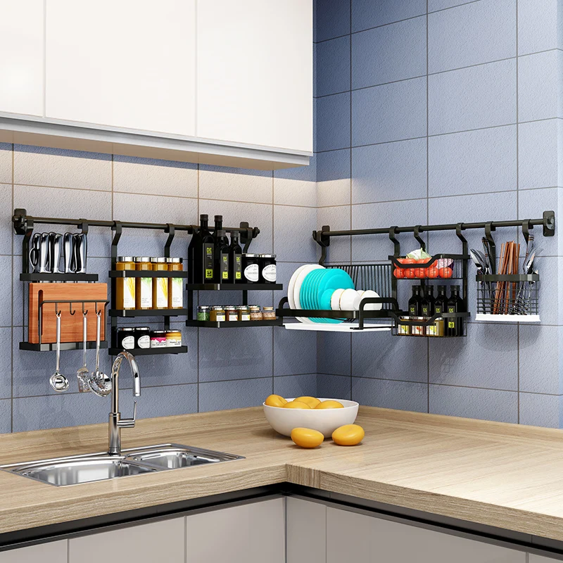 

black kitchen shelf wall-mounted non-perforated household drainage bowl and dish rack saves space for stainless steel