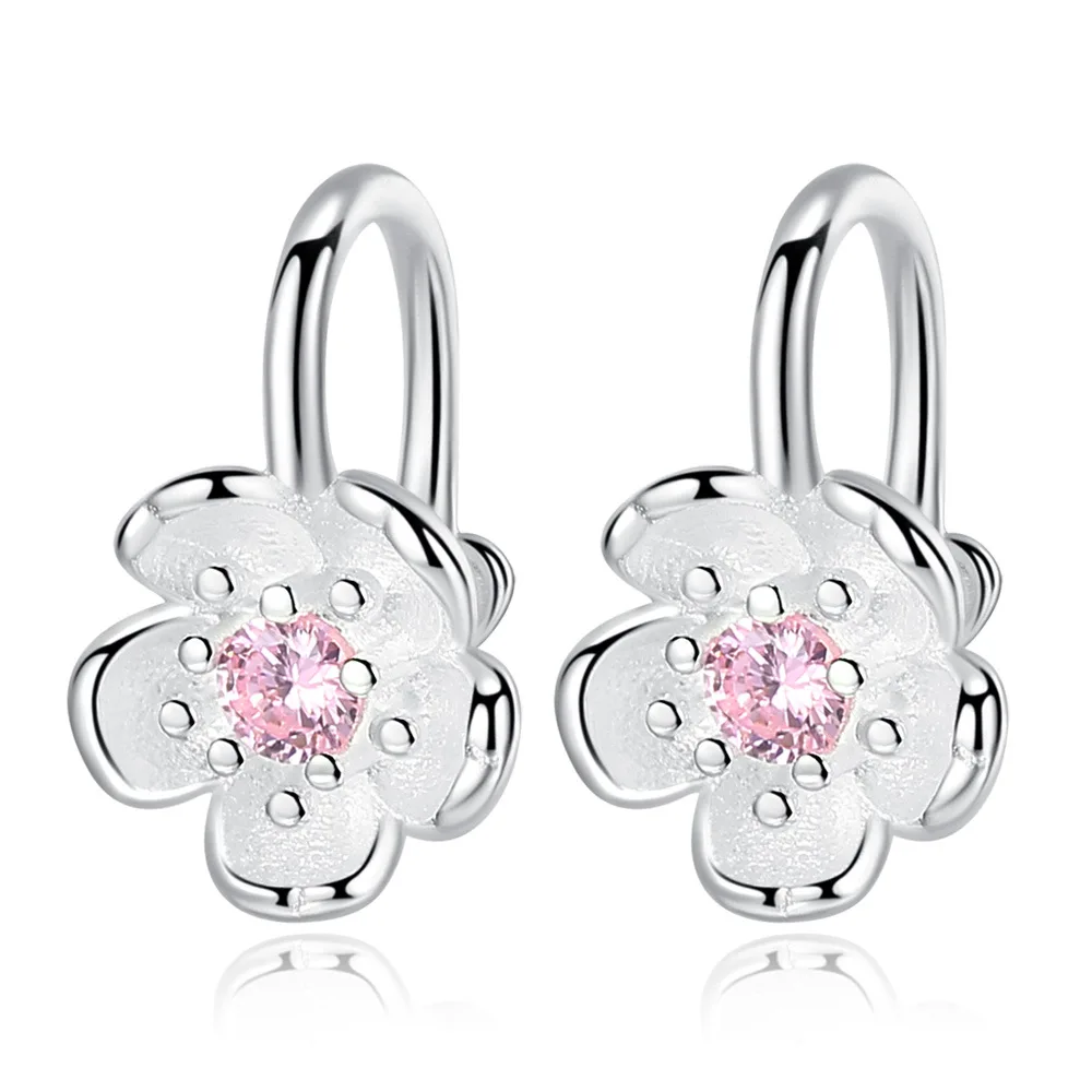 

100% 925 sterling silver fashion cute Cherry blossoms flower shiny crystal ladies`clip earrings jewelry female Christmas gift