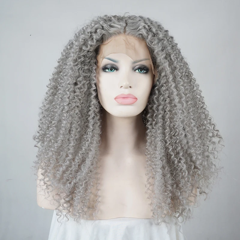 24" Afro Gray Hair Fluffy Curly Long Lace Front Wig Heat Resistant+Wig