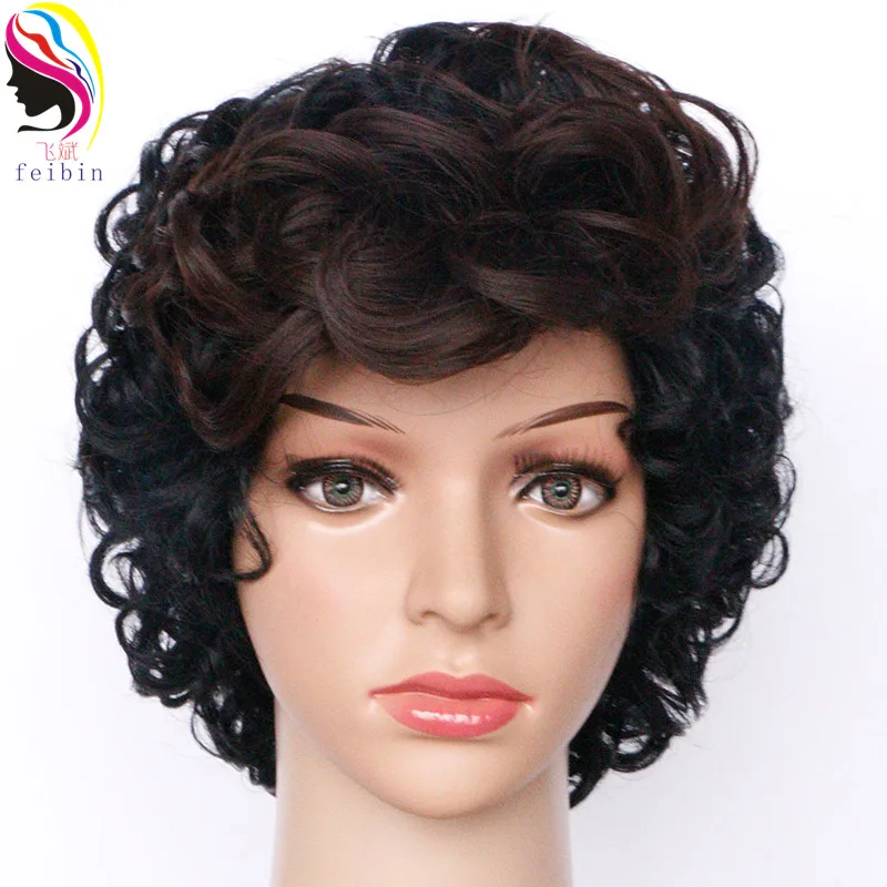 Feibin короткие Искусственные парики для черный Для женщин синтетический афро вьющиеся парик чёрный; коричневый волос 6 дюйм(ов)