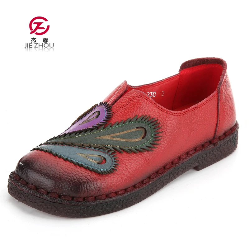 Модная женская обувь ручной работы из натуральной кожи на плоской подошве в этническом стиле с цветком павлина удобная женская повседневная обувь с круглым носком