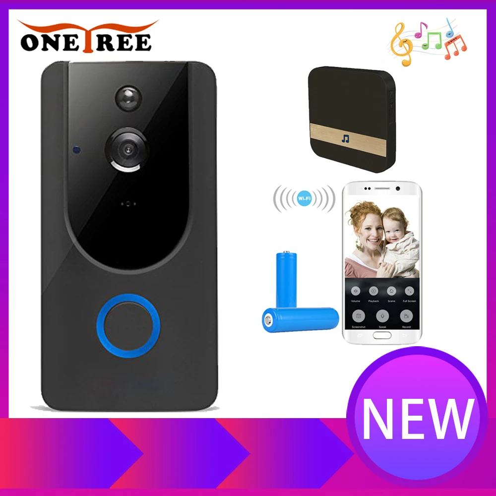 

Onetree 720P HD Wireless WIFI Doorbell Battery Door Camera Two Way Audio Intercom IP Door Bell Home Security Support AC Adapter
