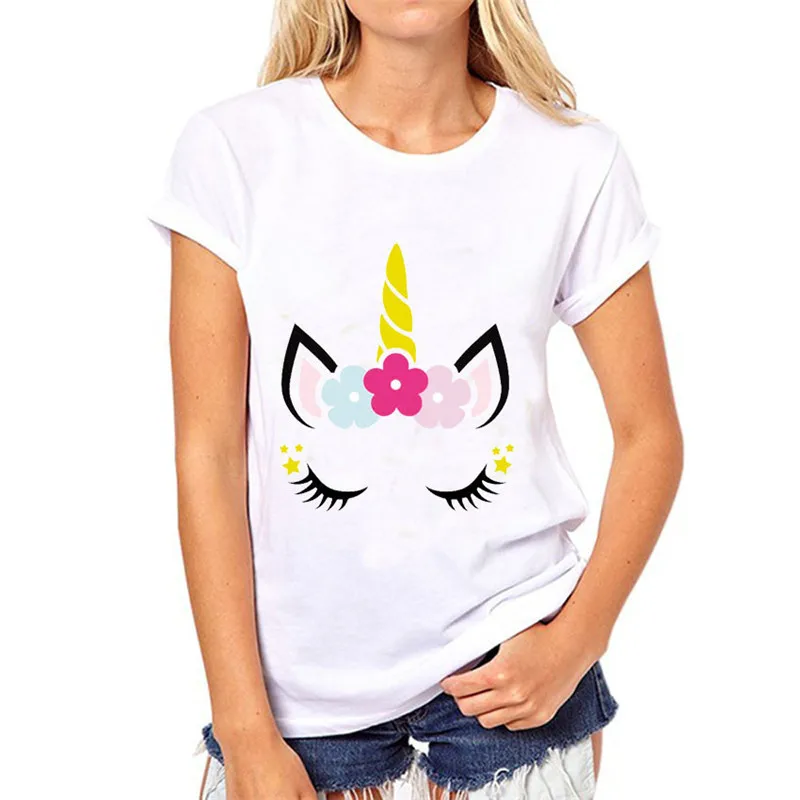 

LUSLOS Shy Unicorn Print Women Cotton Summer T Shirt Lady Slim White Causal Super Soft O Neck Girl TeeTops