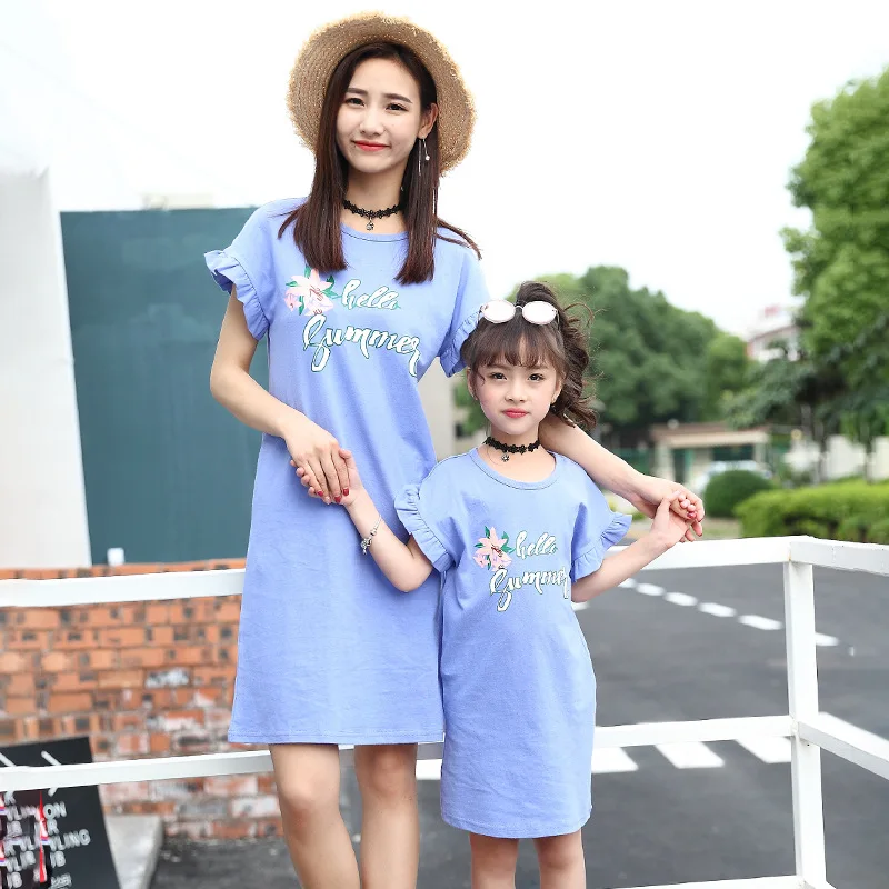 Mother Daughter Dresses Two Pieces Shirt+lace Skirt Family Matching Pajamas Baby Girls Summer Clothes Mom Daughter Wedding Dress