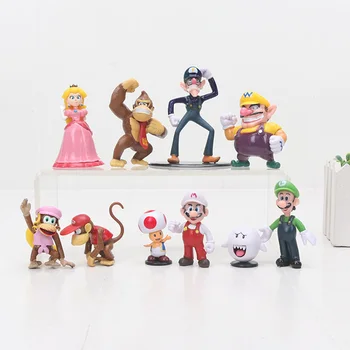 

10pcs/set Super Mario Bros Mario Luigi Wario Waluigi Donkey kong Toad Peach Mushroom Boo PVC Action Figures Model Toy 4-7cm
