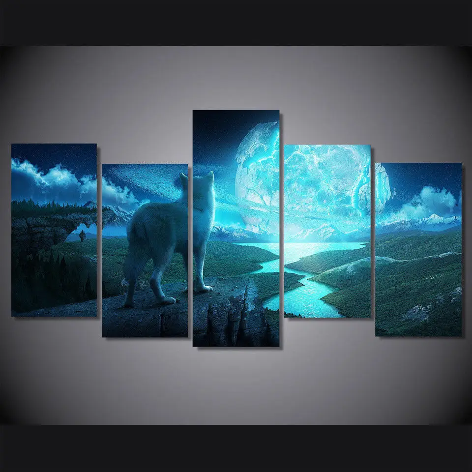 

Large Framed decoration print canvas Wolf and The Planet 5 pieces