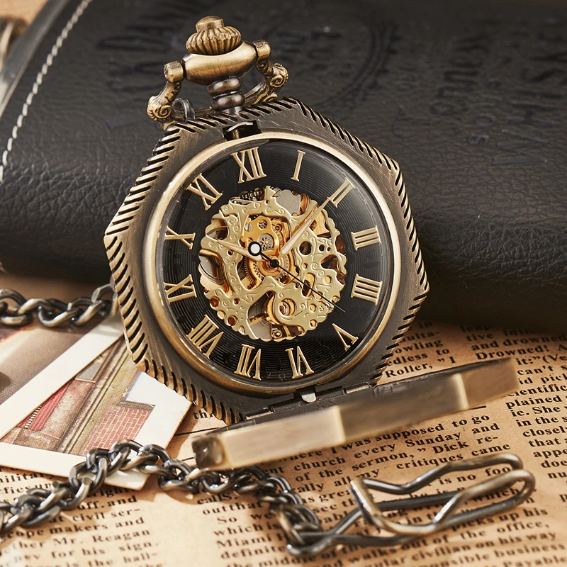 Винтажные уникальные Восьмиугольные Механические карманные часы с римскими цифрами в стиле стимпанк с цепочкой-брелоком полностью Стальные наручные часы Reloj de bolsillo
