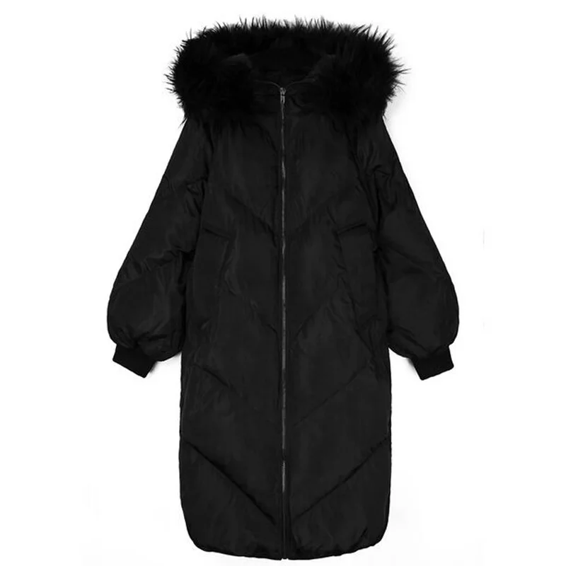 Зимняя куртка женская огромный меховой воротник Новая женская куртка куртки Женское зимнее пальто с капюшоном толстые теплые длинные свободные парки верхняя одежда - Цвет: Черный