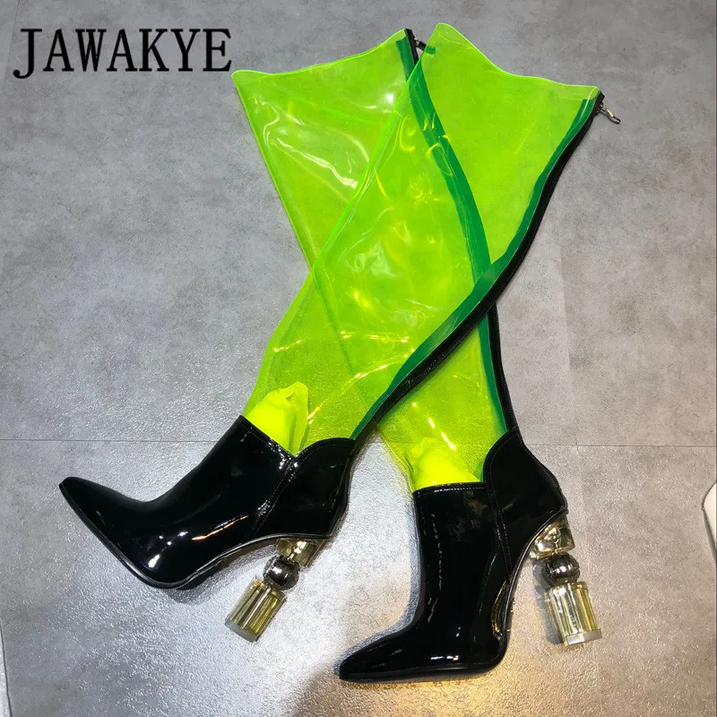 

Runway PVC Patchwork Metal crystal high heels Women boots Pointed Toe Long Botas Sexy Nightclub shoes knee high boots for women