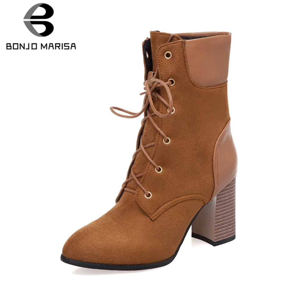 

BONJOMARISA New Plus Size 33-50 lace-up Motorcycle Booties Women 2019 Autumn Winter Add Fur Fashion Women High Heel Shoes Woman