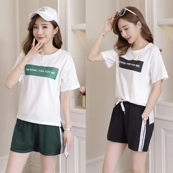 

Pregnant women casual suit printing T-shirt + casual stomach lift pants off the shoulder two-piece