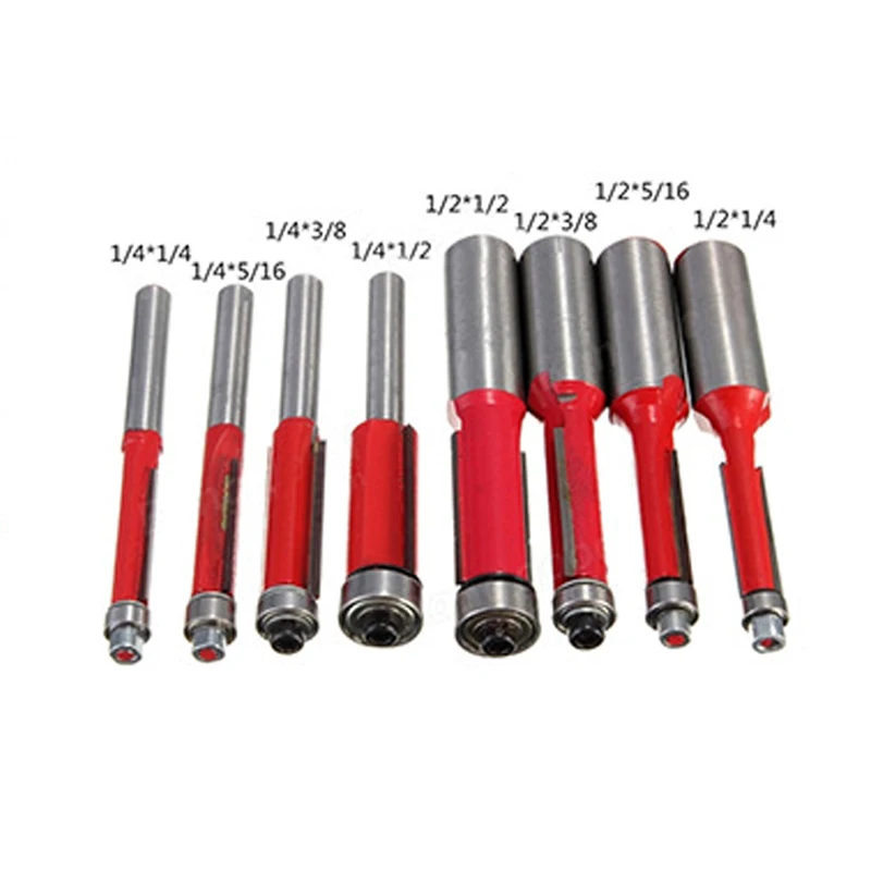 8pcs 1/4",5/16",3/8",1/2"Dual Flutes Trim Bit Set Router Bits Carbide