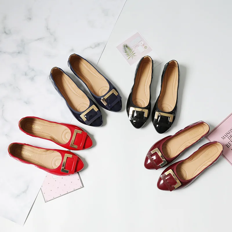 

korean patent leather pointy toe soft sole floding ballet shoes women spring metal decoration flats loafers shallow moccasins 40