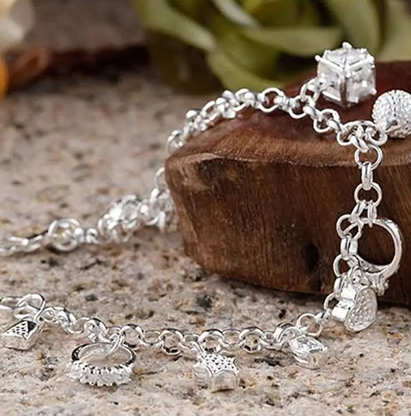 Silver Color Plated Bracelet Moon Heart Lock Cross Charm Bracelet 13 Pendants Bracelet Jewelry