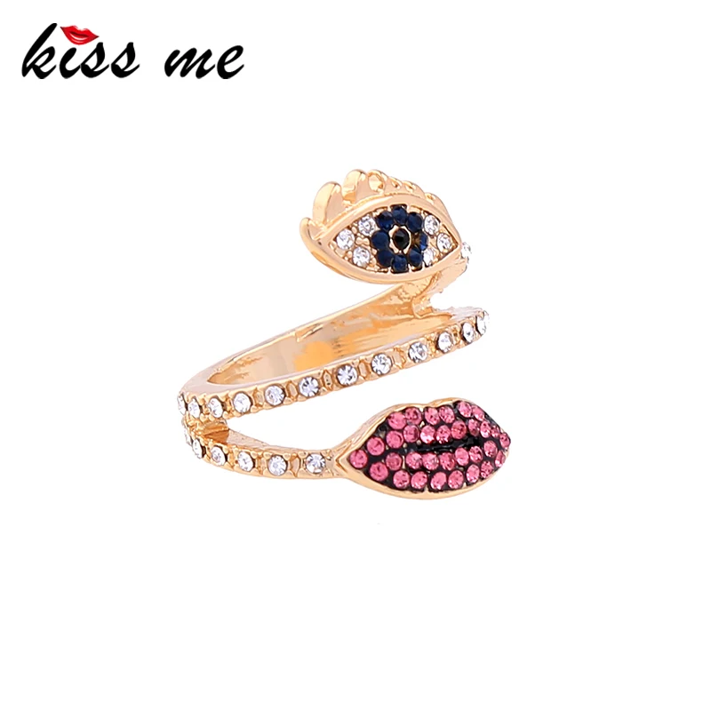 Женское Винтажное кольцо KISS ME Золотое с красными глазами губ и стразами