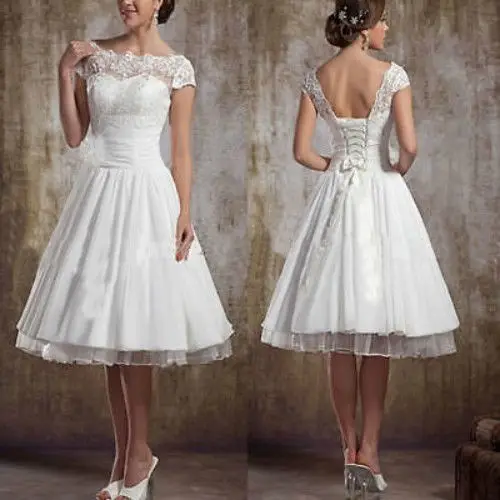 Hot Sale Plus Size White/Ivory Tea Length Wedding Dresses Scoop Neck