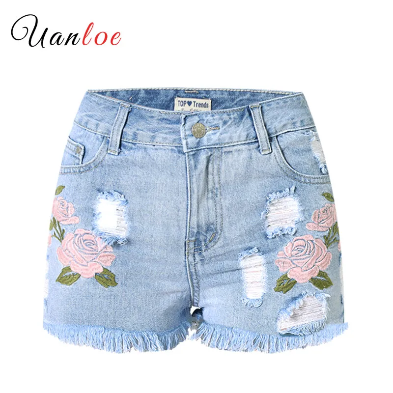 Fashion Embroidery Ripped Denim Shorts Floral High Waist Jeans Short Femme Frayed Hole for Women Plus Size Summer | Женская одежда
