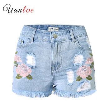 

Fashion Embroidery Ripped Denim Shorts Floral High Waist Jeans Short Femme Frayed Hole Shorts for Women Plus Size Summer Shorts