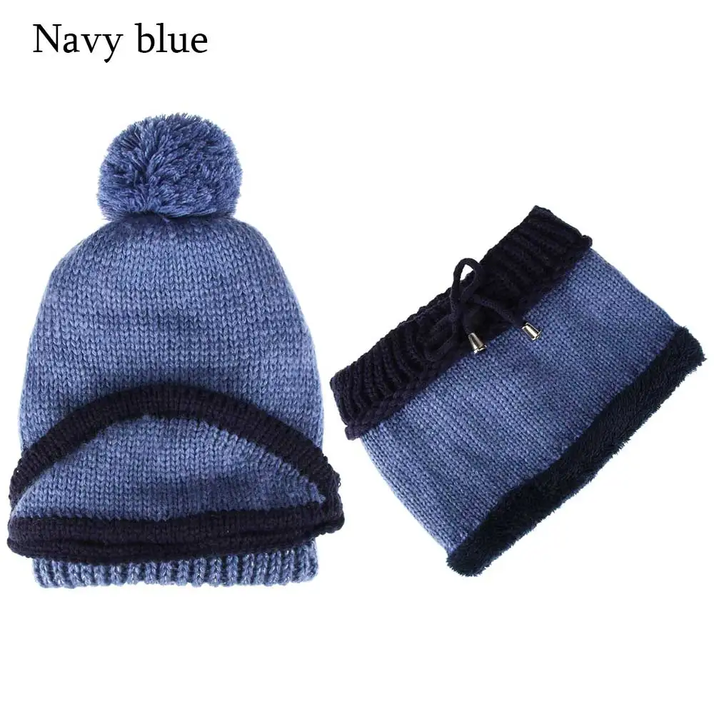 Комплект из 2 предметов, зимний шарф, шапка, набор для женщин, помпоны, вязаные утепленные шарфы-снуды, теплая маска, модная шапка бини, комплект для мужчин, для катания на лыжах - Цвет: Style1-Navy Blue