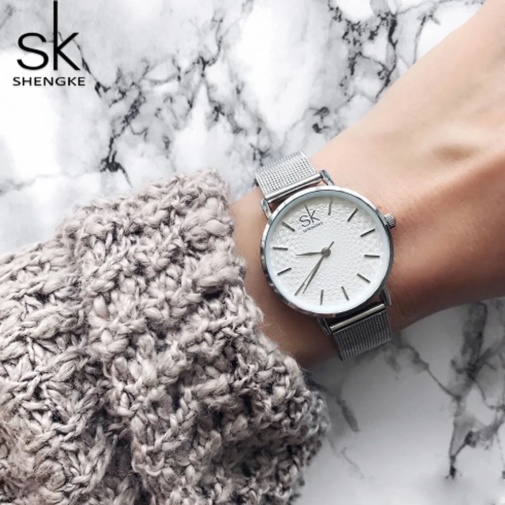 

Shengke top Luxury Slim Sliver Mesh Stainless Steel Watches Women Casual Clock Ladies Wrist Watch Relogio Feminino