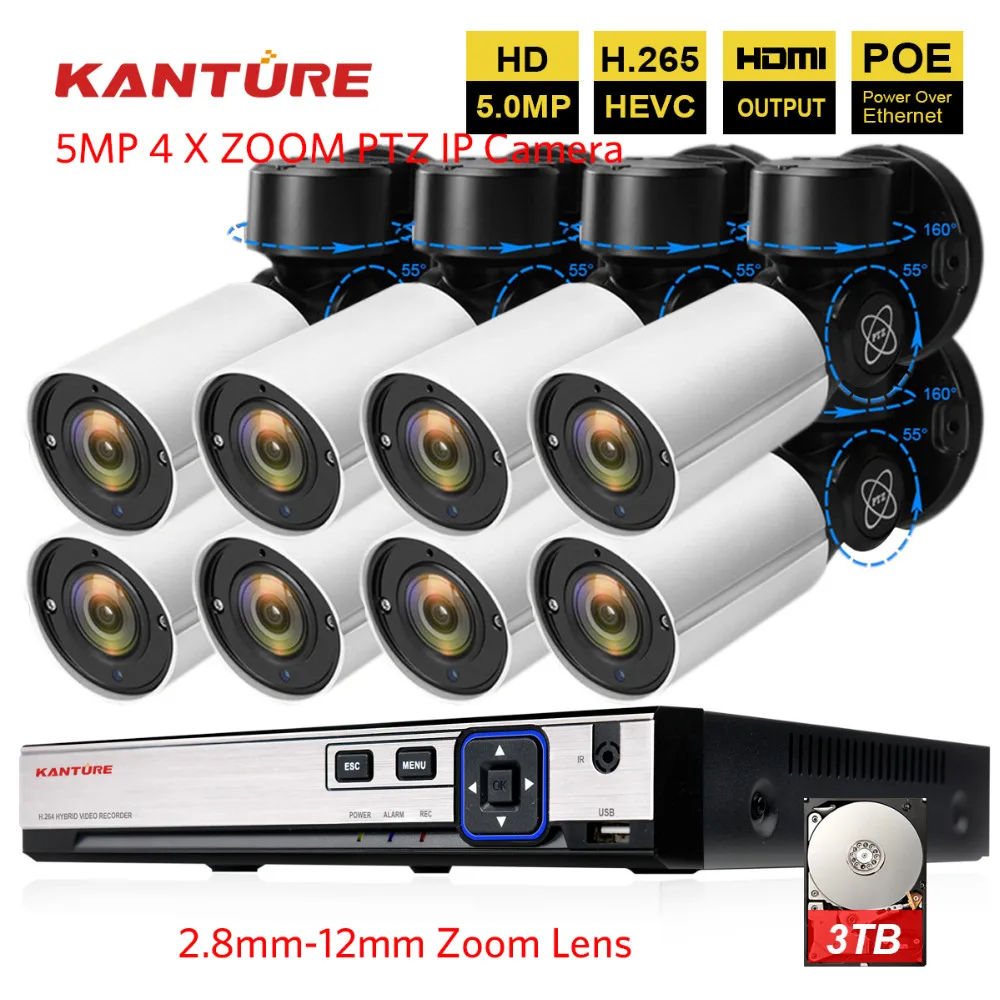 

KANTURE H.265 8CH 5MP POE NVR System with 8PCS 5MP 4X Optical Zoom security Outdoor waterproof POE IP cameras kit 2.8-12mm lens