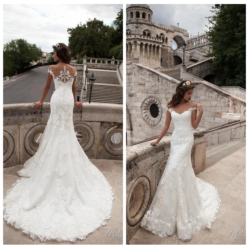 

2019 Beautiful Nude Top Wedding Dresses Illusion Jewel Cap Sleeves Appliqued Lace Bridal Gowns Garden Mermaid Bridal Dress