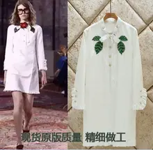 Rhinestone Studded Green Leaves Buttoned Sash Straps 3/4 Sleeve Embroidered Tunic Dress Summer Dresses Long Shirt Dress